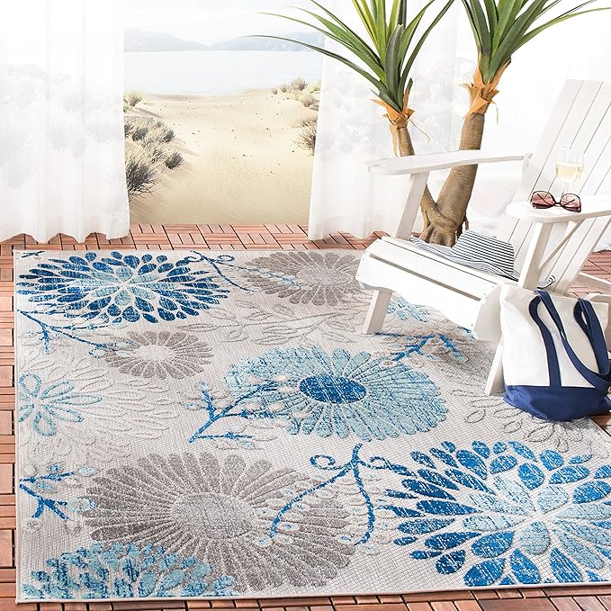 SAFAVIEH Washable Rug Outdoor Cabana Collection - 3' Square, Grey & Blue, Non-Shedding & Easy to Clean, Ideal for Patio, Backyard, Mudroom (CBN832F)