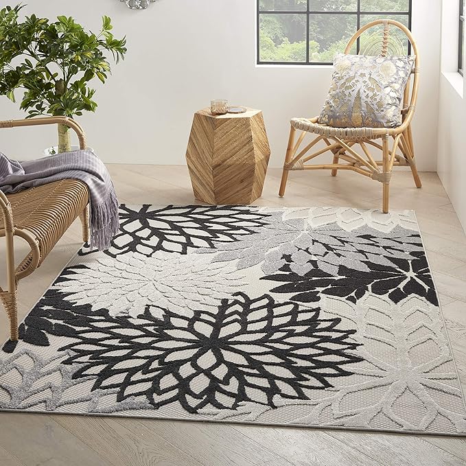 Nourison Home Aloha Indoor/Outdoor Black White 5'3" x 7'5" Area Rug, Tropical, Botanical, Easy Cleaning, Non Shedding, Bed Room, Living Room, Dining Room, Deck, Backyard, Patio (5x7)