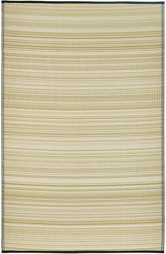 Fab Habitat Outdoor Rug - Waterproof, Fade Resistant, Crease-Free - Premium Recycled Plastic - Neutral Striped - Patio, Porch, Deck, Balcony - Cancun Shadow - Sand & Black - 5 x 8 ft