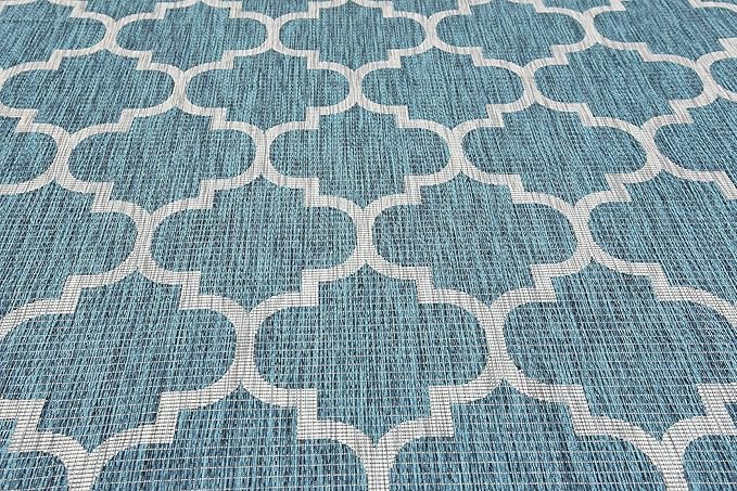 Unique Loom Outdoor Trellis Collection Area Rug (8' x 11' 4" Rectangle, Teal/ Gray)