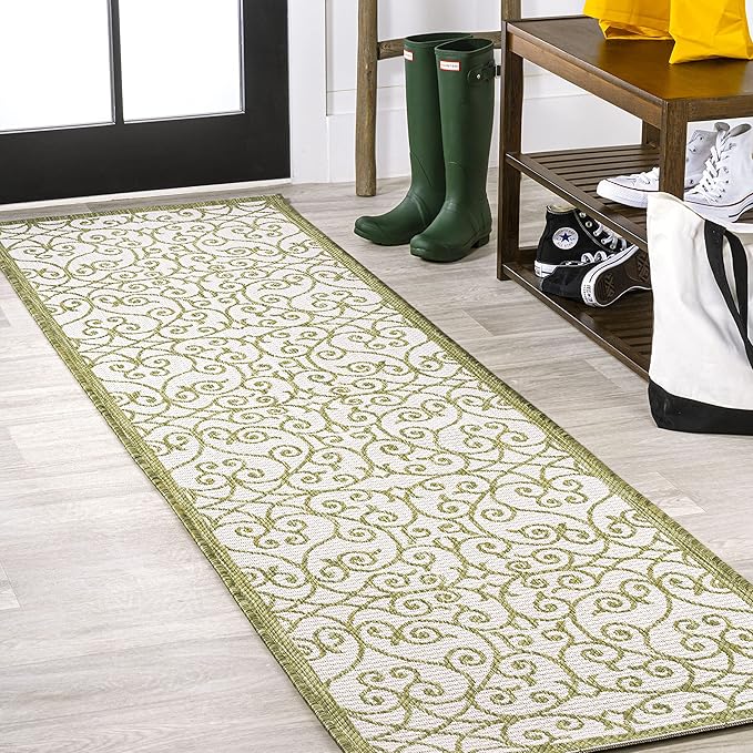 JONATHAN Y Vintage Filigree Indoor Outdoor Runner Rug 2X10 Green/Cream, Madrid Textured Weave for Backyard, Patio, Porch, Easy-Cleaning, High Traffic, Pet-Friendly, Non-Shedding (SMB107H-210)