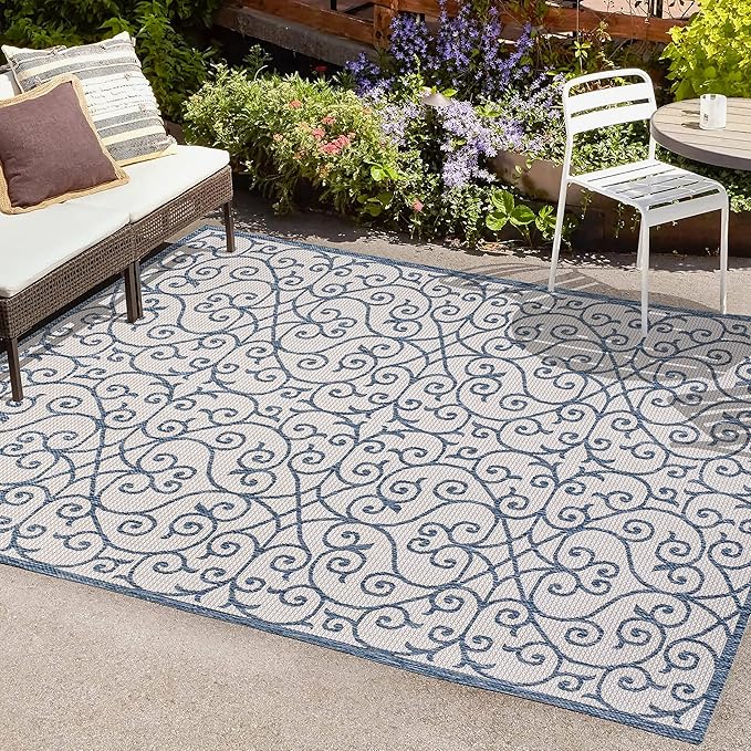 JONATHAN Y Vintage Filigree Indoor Outdoor Area Rug 8X10 Blue/Cream, Madrid Textured Weave for Backyard, Patio, Porch, Easy-Cleaning, High Traffic, Pet-Friendly, Non-Shedding (SMB107F-8)