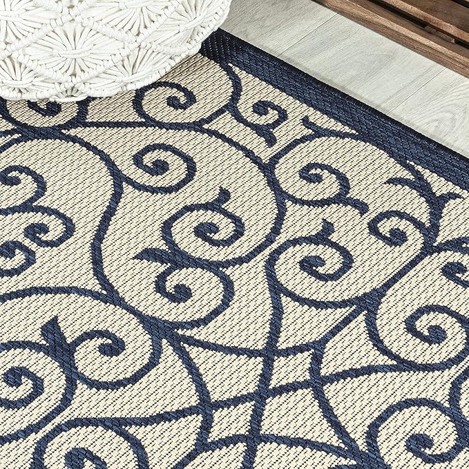 JONATHAN Y Vintage Filigree Indoor Outdoor Runner Rug 2X10 Navy/Beige, Madrid Textured Weave for Backyard, Patio, Porch, Easy-Cleaning, High Traffic, Pet-Friendly, Non-Shedding (SMB107G-210)