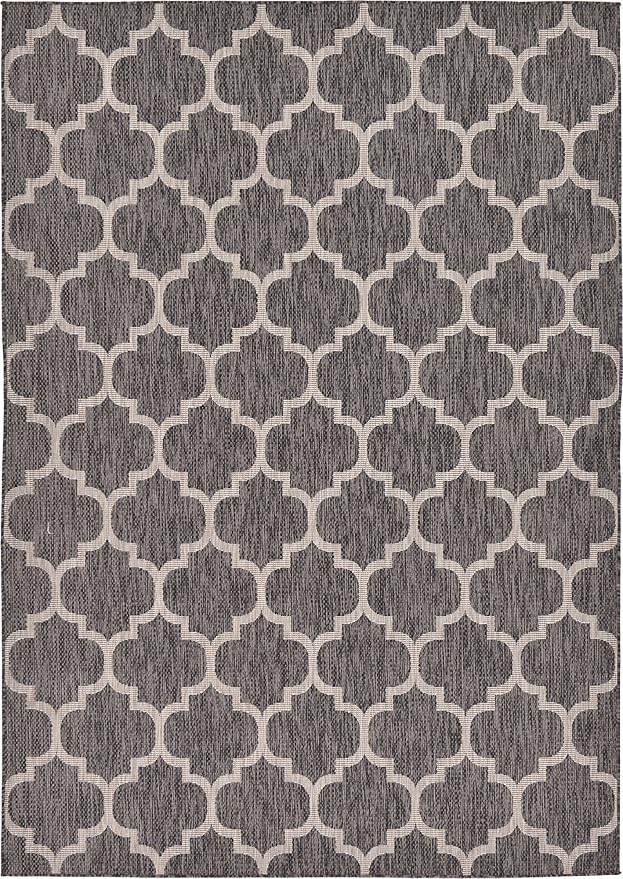Unique Loom Outdoor Trellis Collection Area Rug (7' 1" x 10' Rectangle, Black/ Ivory)