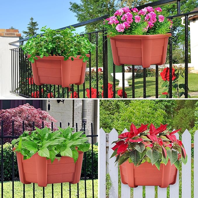 ORIMERC 9.8 inch 4 Pack Brick Red Wall Hanging Planters Pots for Indoor Plants, Wall Plants Holder with Drainage Hole, Balcony planters Railing Hanging Pot, Plant Wall Mount Decor with Hook/Screws