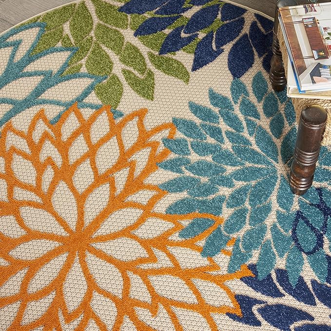 Nourison Home Aloha Indoor/Outdoor Multicolor 5'3'' x Round Area--Rug, Tropical, Botanical, Easy--Cleaning, Non Shedding, Bed Room, Living Room, Dining Room, Deck, Backyard, Patio (5 Round)