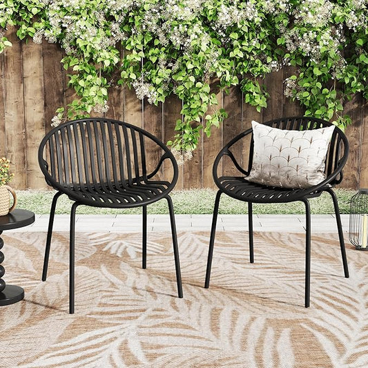 Christopher Knight Home Set of 2 Tita Modern Patio Outdoor Dining Chairs, Stacking Chair, Outside Dinner, Garden/Balcony/Poolside Stackable Accent Chairs, Metal Legs, Plastic Cutout Backrest, Black