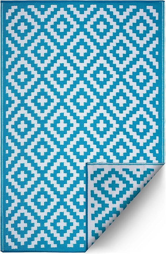 FH Home Outdoor Rug - Waterproof, Fade Resistant, Reversible - Premium Recycled Plastic - Geometric - Porch, Deck, Balcony, Mudroom, Laundry Room, Patio - Aztec - Teal & White Crease Free - 3 x 5 ft
