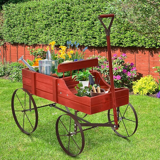Wooden Wagon Planter, Decorative Garden Wheelbarrow Planter with 2 Planting Sections, Rolling Wheels, Adjustable Handle, Small Wagon Cart Planter Stand for Flowers Vegetables Herbs (Red)