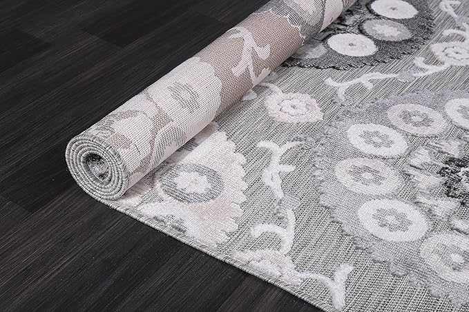CAMILSON Indoor Outdoor Rug 10x14 Bohemian Medallion Floral Area Rugs for Indoor and Outdoor Patios Easy-Cleaning Non-Shedding Living Room Garden and Kitchen Washable Outside Carpet (10 x 14 / Gray)