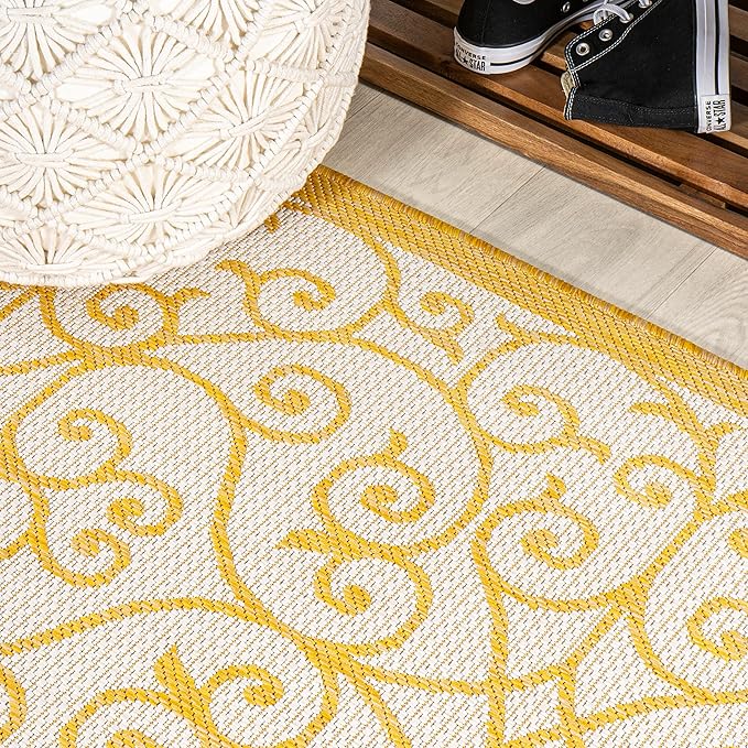JONATHAN Y Vintage Filigree Indoor Outdoor Runner Rug 2X10 Cream/Yellow, Madrid Textured Weave for Backyard, Patio, Porch, Easy-Cleaning, High Traffic, Pet-Friendly, Non-Shedding (SMB107D-210)