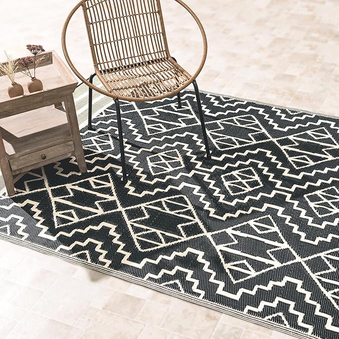 Fab Habitat Outdoor Rug - Waterproof, Fade Resistant, Crease-Free - Premium Recycled Plastic - Tribal Boho Neutral - Porch, Deck, Balcony, Hallway, Poolside - Kilimanjaro - Black - 2.5 x 8 ft Runner