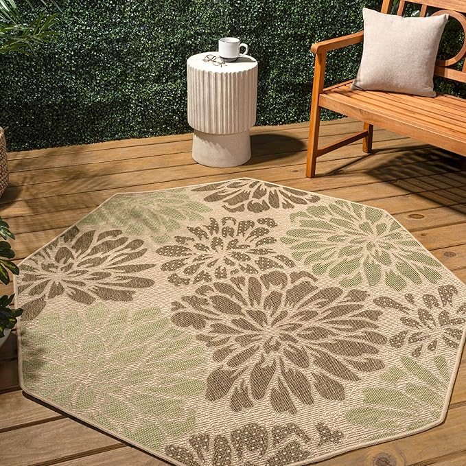 JONATHAN Y Floral Textured Weave Indoor Outdoor Octagon Area Rug 5 Ft Sage/Brown, Zinnia Modern for Backyard, Patio, Porch, Easy-Cleaning, High Traffic, Pet-Friendly, Non-Shedding (SMB110A-5TGN)