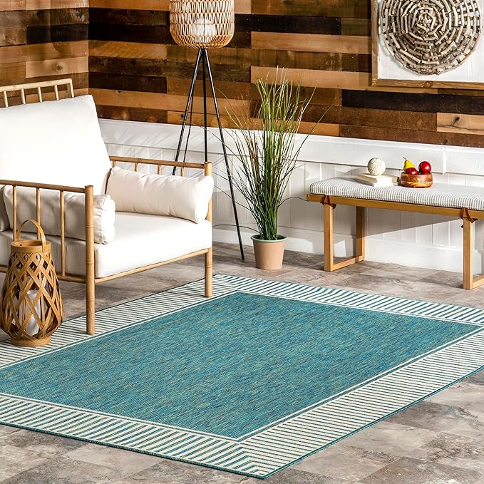 Nuloom Asha Teal/Ivory, 9'6" x 12', Casual, Striped Border, Soft and Cozy, High Traffic, Stain Resistant, Easy Clean, Durable Area Rug for Indoor/Outdoor Patio, Deck, Porch, Garden, Courtyard