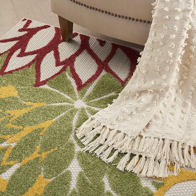 Nourison Home Aloha Indoor/Outdoor Red Multi Colored 3'6" x 5'6" Area Rug, Tropical, Botanical, Easy Cleaning, Non Shedding, Bed Room, Living Room, Dining Room, Deck, Backyard, Patio (3x5)