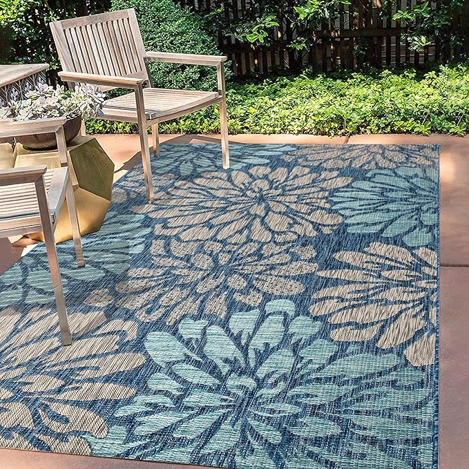 JONATHAN Y Floral Textured Weave Indoor Outdoor Area Rug 4X6 Navy/Aqua, Zinnia Modern for Backyard, Patio, Porch, Easy-Cleaning, High Traffic, Pet-Friendly, Non-Shedding (SMB110C-4)