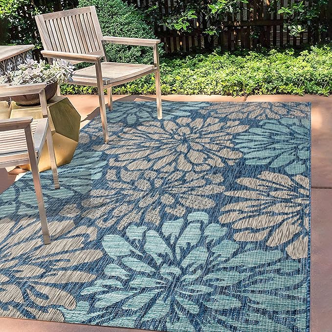 JONATHAN Y Floral Textured Weave Indoor Outdoor Area Rug 3X5 Navy/Aqua, Zinnia Modern for Backyard, Patio, Porch, Easy-Cleaning, High Traffic, Pet-Friendly, Non-Shedding (SMB110C-3)
