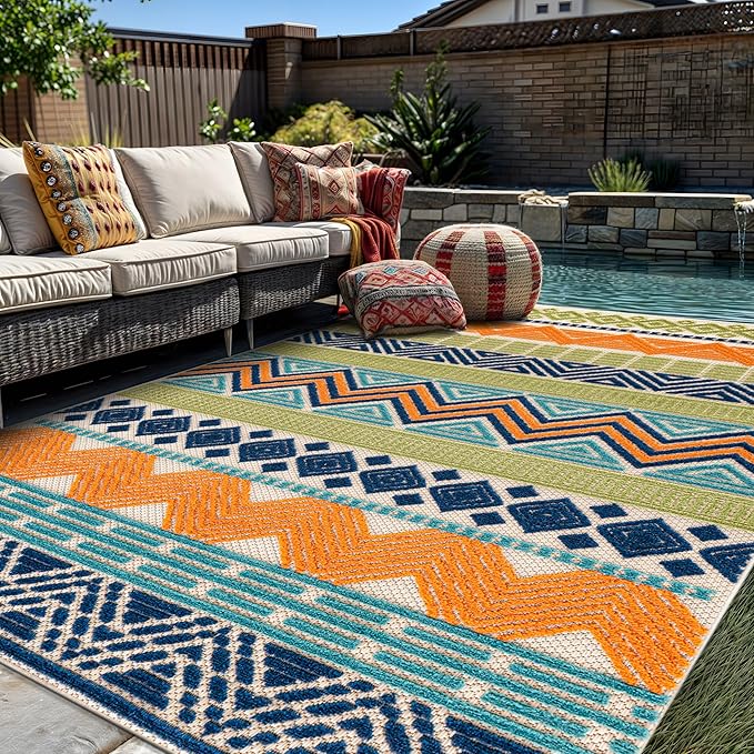 Rugshop Multi Marbella Boho Indoor/Outdoor Area Rug, Machine Washable for Patio, Porch and Dining Area 6'6" x 9'