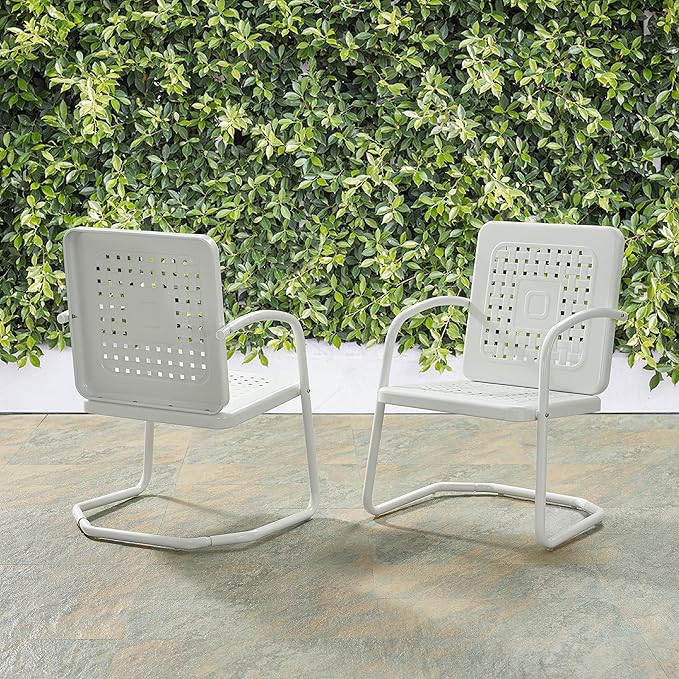 Crosley Furniture Bates 2-Piece Outdoor Chair Set, Retro Metal Patio Chairs for Dining, Porch, Deck, Balcony, White Gloss