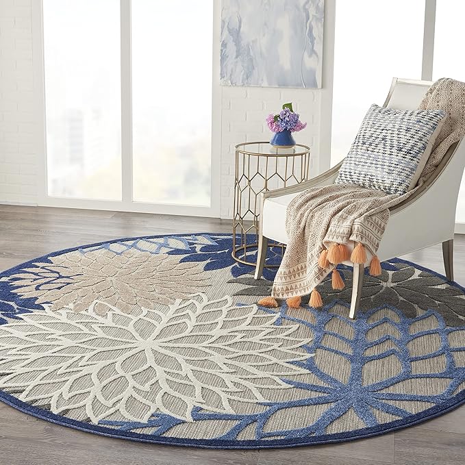 Nourison Home Aloha Indoor/Outdoor Blue/Multicolor 7'10" x Round Area Rug, Tropical, Botanical, Easy Cleaning, Non Shedding, Bed Room, Living Room, Dining Room, Deck, Backyard, Patio (8 Round)