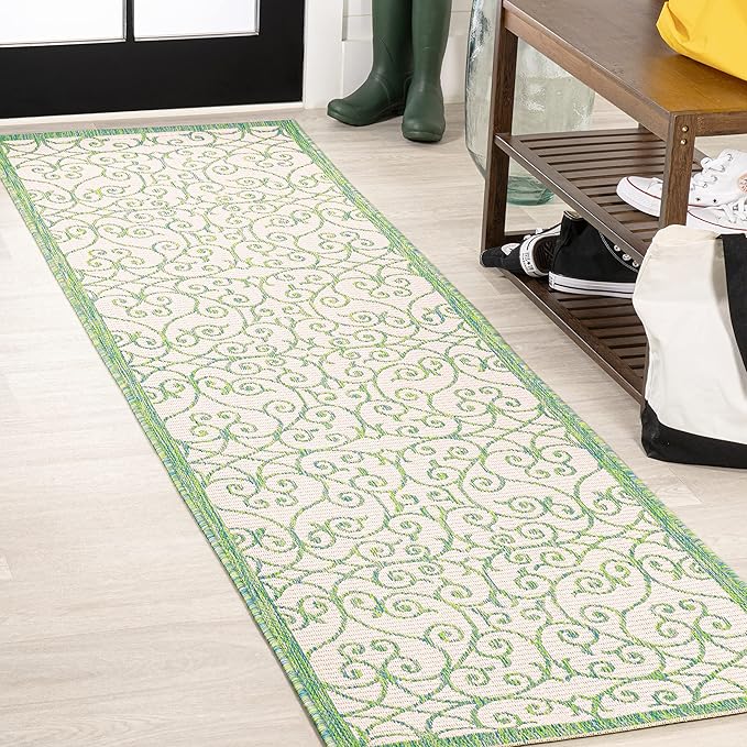 JONATHAN Y Vintage Filigree Indoor Outdoor Runner Rug 2X10 Cream/Green, Madrid Textured Weave for Backyard, Patio, Porch, Easy-Cleaning, High Traffic, Pet-Friendly, Non-Shedding (SMB107J-210)
