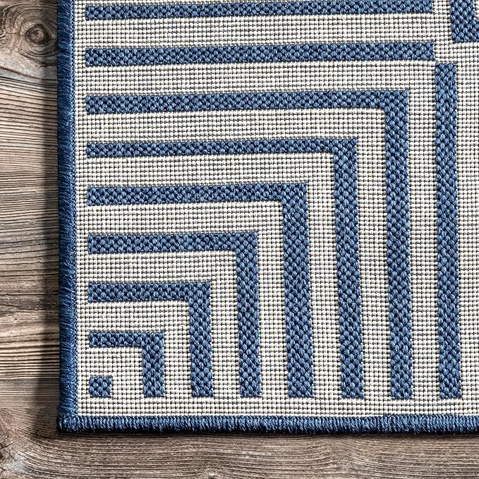 Nuloom Asha Navy/Ivory, 9'6" x 12', Casual, Striped Border, Soft and Cozy, High Traffic, Stain Resistant, Easy Clean, Durable Area Rug for Indoor/Outdoor Patio, Deck, Porch, Garden, Courtyard