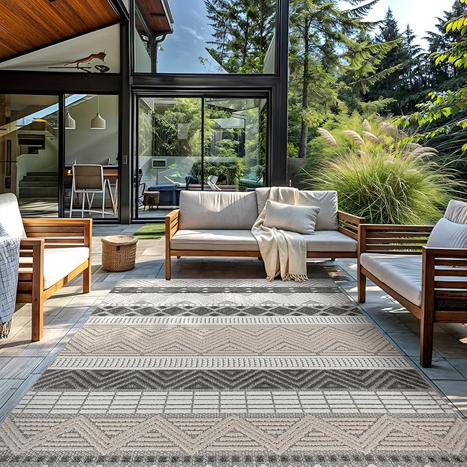 Rugshop Gray Marbella Boho Indoor/Outdoor Area Rug, Machine Washable for Backyard, Deck and Outdoor Lounge 9' x 12'