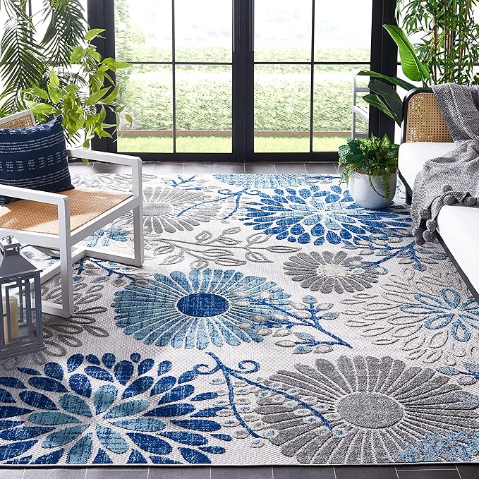Safavieh Washable Rug Outdoor Cabana Collection - 10' Square, Grey & Blue, Non-Shedding & Easy to Clean, Ideal for Patio, Backyard, Deck, Mudroom (CBN832F)
