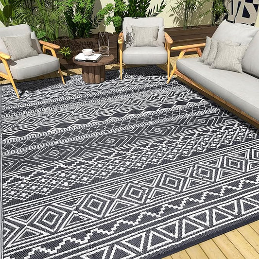 GarveeLife Outdoor Patio Rug 9x18 Waterproof Plastic Straw Rug, Reversible UV Resistant Foldable Camping Carpet Portable Outdoor Rug for Rv, Backyard, Grey & White