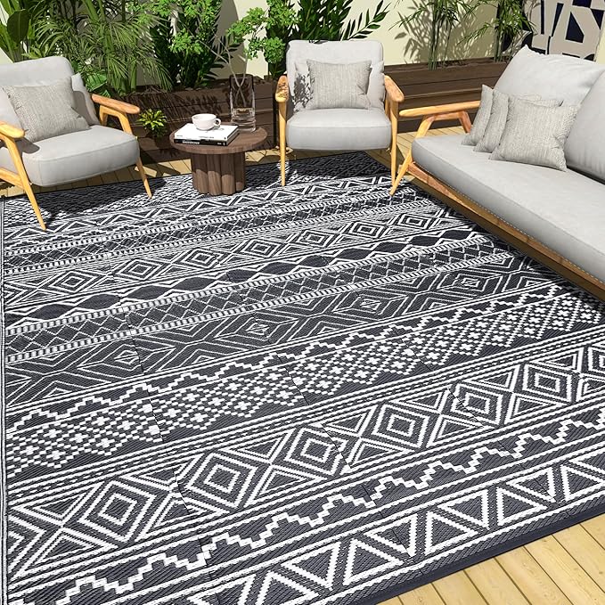 GarveeLife Outdoor Plastic Straw Rug 9x12 Waterproof UV Resistant Patio Rug Lightweight Floor Mat for Camping, Picnic, Backyard, RV, Beach, Picnic, Grey & White