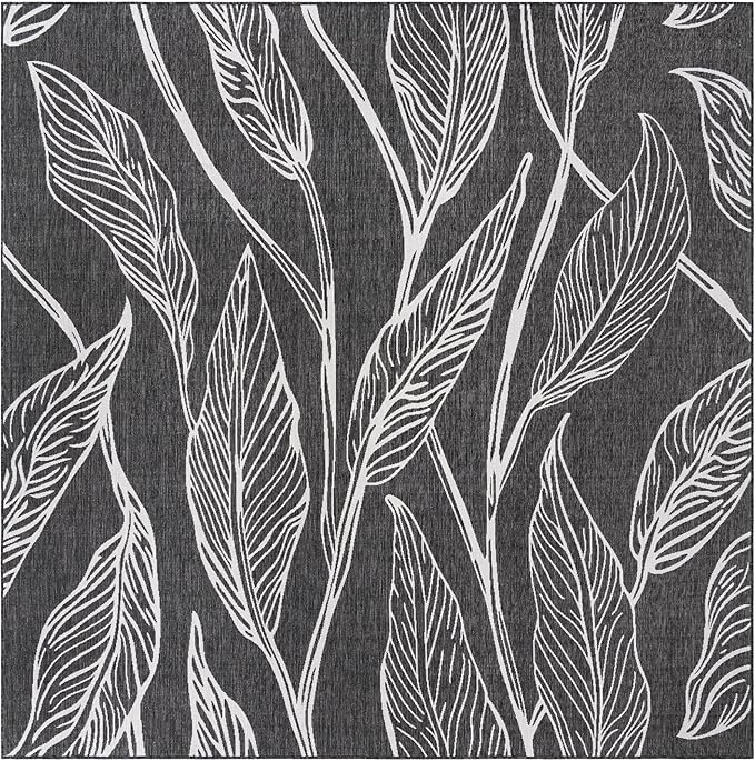Unique Loom Outdoor Botanical Collection Area Rug - Leaf (10' 8" Square, Ivory Charcoal)