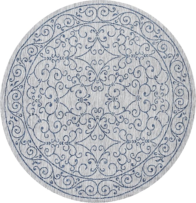 JONATHAN Y Vintage Filigree Indoor Outdoor Round Area Rug 8 Ft Gray/Navy, Charleston Textured Weave for Backyard, Patio, Porch, Easy-Cleaning, High Traffic, Pet-Friendly, Non-Shedding (SMB106C-8R)
