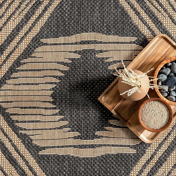 nuLOOM 5' x 8' Outdoor Tribal Geometric Area Rug, Stain Resistant, Weather Resistant, High Traffic, Patio, Balcony, Outside, Ranya Dark Grey