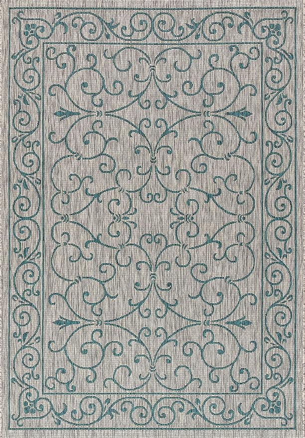 JONATHAN Y Vintage Filigree Indoor Outdoor Area Rug 3X5 Gray/Teal, Charleston Textured Weave for Backyard, Patio, Porch, Easy-Cleaning, High Traffic, Pet-Friendly, Non-Shedding (SMB106E-3)