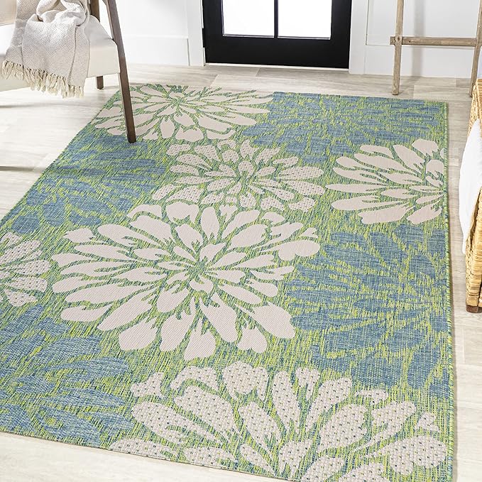 JONATHAN Y Floral Textured Weave Indoor Outdoor Area Rug 8X10 Cream/Green, Zinnia Modern for Backyard, Patio, Porch, Easy-Cleaning, High Traffic, Pet-Friendly, Non-Shedding (SMB110D-8)