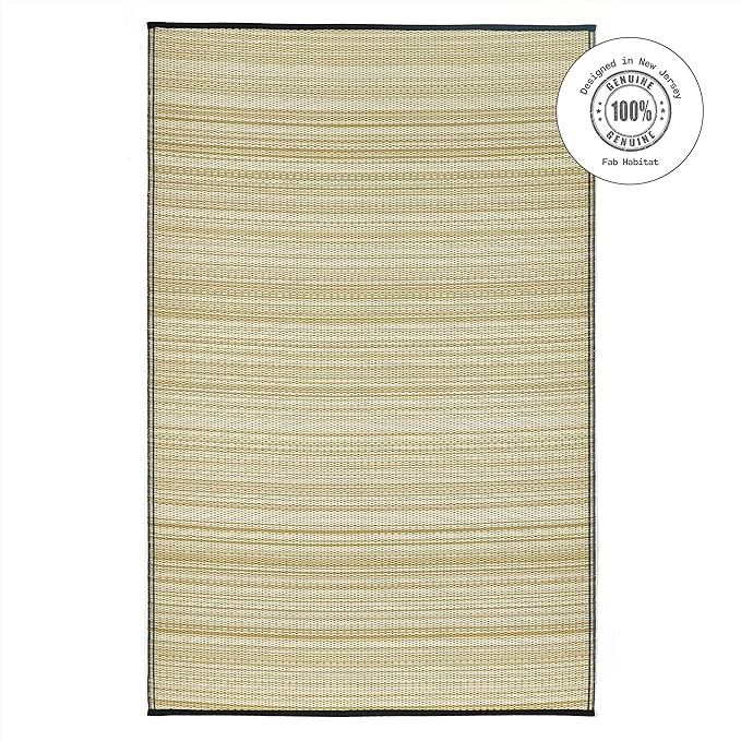 Fab Habitat Outdoor Rug - Waterproof, Fade Resistant, Crease-Free - Premium Recycled Plastic - Neutral Striped - Large Patio, Deck, Sunroom, Camping, RV - Cancun Shadow - Sand & Black - 6 x 9 ft