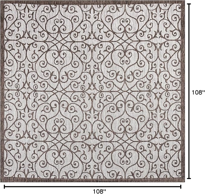 JONATHAN Y Vintage Filigree Indoor Outdoor Square Area Rug 9X9 Taupe/Espresso, Madrid Textured Weave for Backyard, Patio, Porch, Easy-Cleaning, High Traffic, Pet-Friendly, Non-Shedding (SMB107C-9SQ)