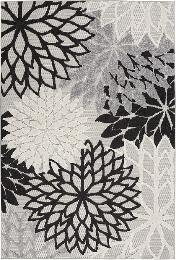 Nourison Home Aloha Indoor/Outdoor Black White 3'6" x 5'6" Area Rug, Tropical, Botanical, Easy Cleaning, Non Shedding, Bed Room, Living Room, Dining Room, Deck, Backyard, Patio (3x5)