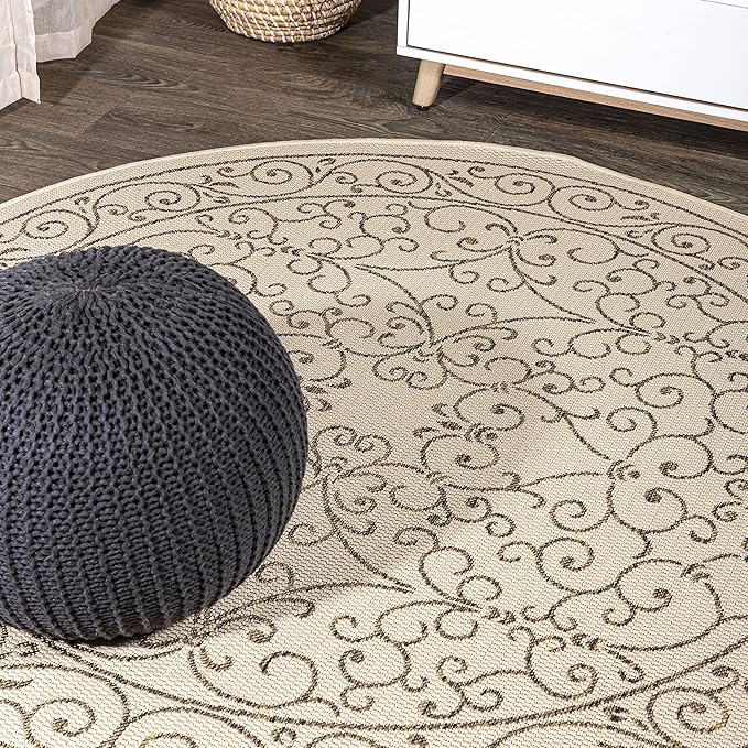 JONATHAN Y Vintage Filigree Indoor Outdoor Round Area Rug 8 Ft Beige/Brown, Charleston Textured Weave for Backyard, Patio, Porch, Easy-Cleaning, High Traffic, Pet-Friendly, Non-Shedding (SMB106A-8R)