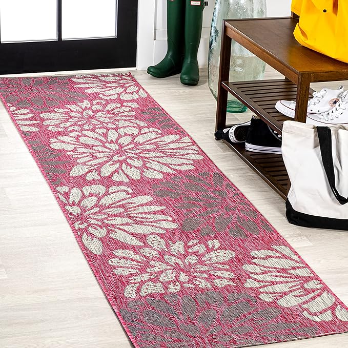 JONATHAN Y Floral Textured Weave Indoor Outdoor Runner Rug 2X10 Fuchsia/Light Gray, Zinnia Modern for Backyard, Patio, Porch, Easy-Cleaning, High Traffic, Pet-Friendly, Non-Shedding (SMB110F-210)