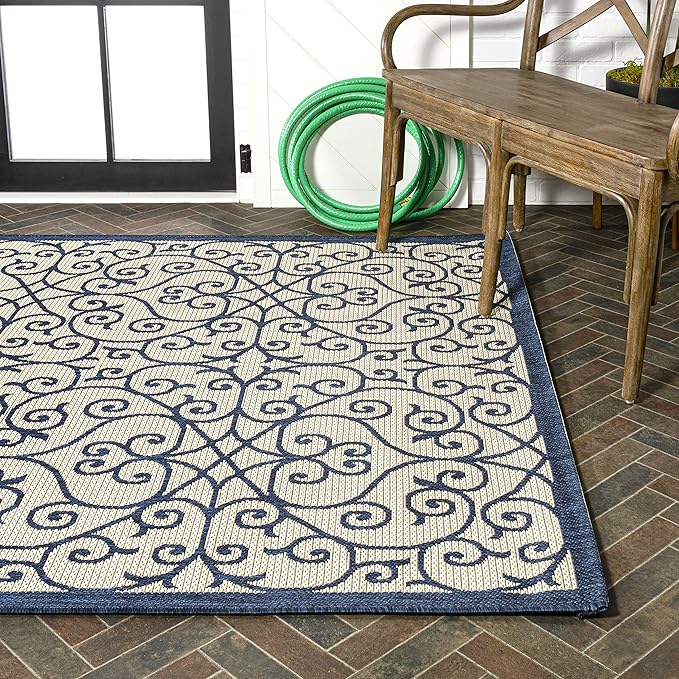 JONATHAN Y Vintage Filigree Indoor Outdoor Area Rug 5X8 Navy/Beige, Madrid Textured Weave for Backyard, Patio, Porch, Easy-Cleaning, High Traffic, Pet-Friendly, Non-Shedding (SMB107G-5)