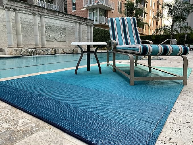 Fab Habitat Ombre Outdoor Rug - Waterproof, Fade Resistant, Crease-Free, Reversible - Premium Recycled Plastic - Patio Porch Balcony Deck - Big Sur Teal - 8x10 ft