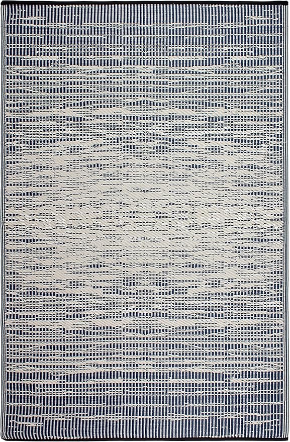 Fab Habitat Abstract Distressed Stripes Outdoor Rug - Waterproof, Fade Resistant, Crease-Free, Reversible - Premium Recycled Plastic - Patio Porch Balcony Deck - Brooklyn Blue - 8x10 ft