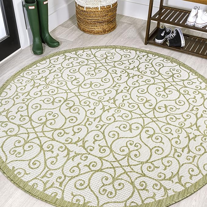 JONATHAN Y Vintage Filigree Indoor Outdoor Round Area Rug 5 Ft Green/Cream, Madrid Textured Weave for Backyard, Patio, Porch, Easy-Cleaning, High Traffic, Pet-Friendly, Non-Shedding (SMB107H-5R)