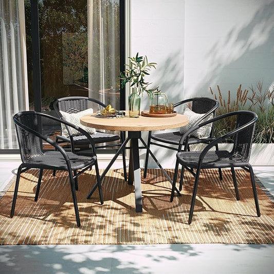EMMA + OLIVER Set of 4 Modern Rattan Indoor/Outdoor Stack Chairs, Stacking Rattan Patio Chairs with Curved Back and Cross Bracing, Gray