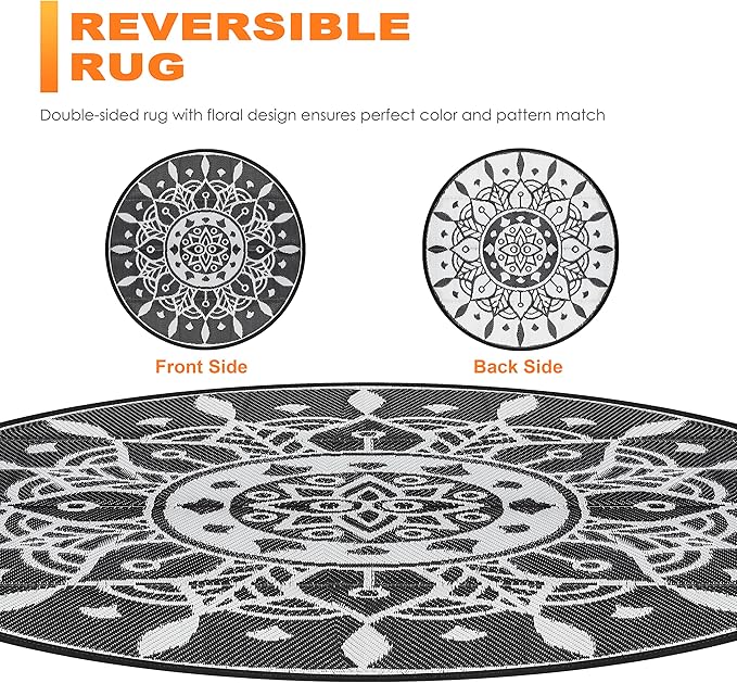 NUU GARDEN 5'x5' Round Outdoor Rug, Reversible Plastic Straw Mat for Patio, RV, Camping, Deck, Porch, Balcony, Picnic, or Beach, White and Black