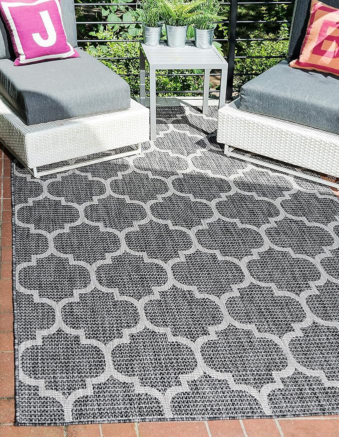 Unique Loom Outdoor Trellis Collection Area Rug (9' x 12' Rectangle, Black/ Ivory)