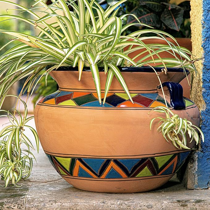 Evergreen Garden Talavera Mexican Pottery Ceramic Chata | Flower Pot Plant Succulent | Indoor Outdoor (14 in. Multicolor Striped)