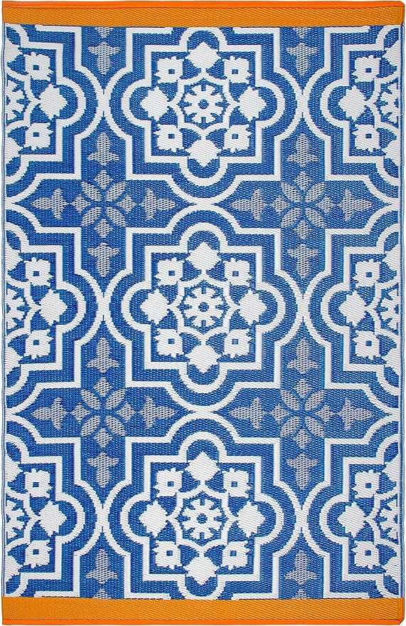 Fab Habitat Outdoor Rug - Waterproof, Fade Resistant, Crease-Free - Premium Recycled Plastic - Spanish Tile Farmhouse - Patio, Deck, Porch, Balcony, Laundry Room - Puebla - Blue - 4 x 6 ft