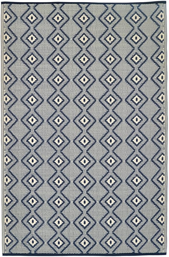 Fab Habitat Outdoor Rug - Waterproof, Fade Resistant, Crease-Free - Premium Recycled Plastic - Boho Geometric Diamond - Patio, Deck, Porch, Balcony, Laundry Room - Rabat - Blue & Cream - 4 x 6 ft